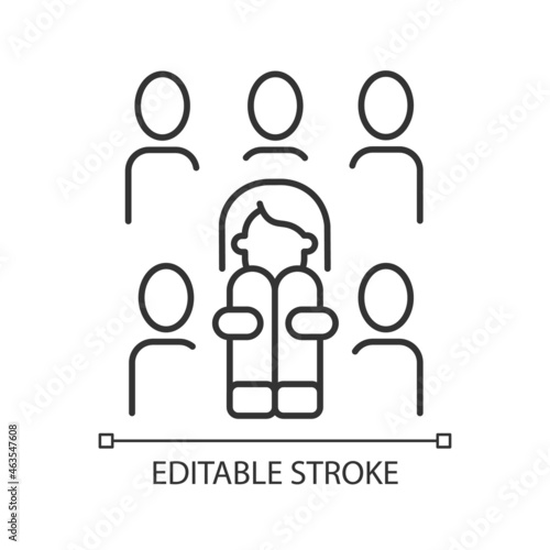 Enochlophobia linear icon. Irrational fear of crowd. Panic disorder. Psychotherapy treatment. Thin line customizable illustration. Contour symbol. Vector isolated outline drawing. Editable stroke