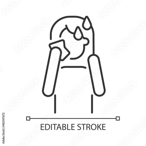 Hot flashes and sweating linear icon. Panic attack symptom. High temperature and perspiration. Thin line customizable illustration. Contour symbol. Vector isolated outline drawing. Editable stroke