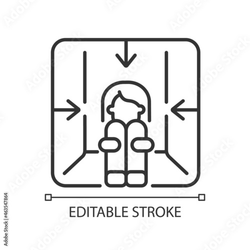 Claustrophobia linear icon. Fear of enclosed spaces as panic attack trigger. Mental problem. Thin line customizable illustration. Contour symbol. Vector isolated outline drawing. Editable stroke