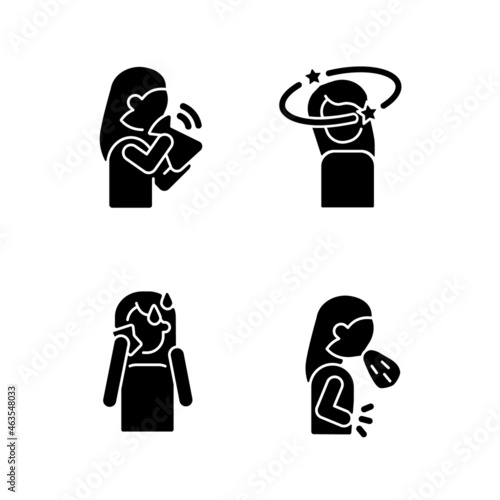 Panic disorder symptoms black glyph icons set on white space. Nausea and dizziness. Anxiety and stress signs. Mental disorders. Hot flushes. Silhouette symbols. Vector isolated illustration