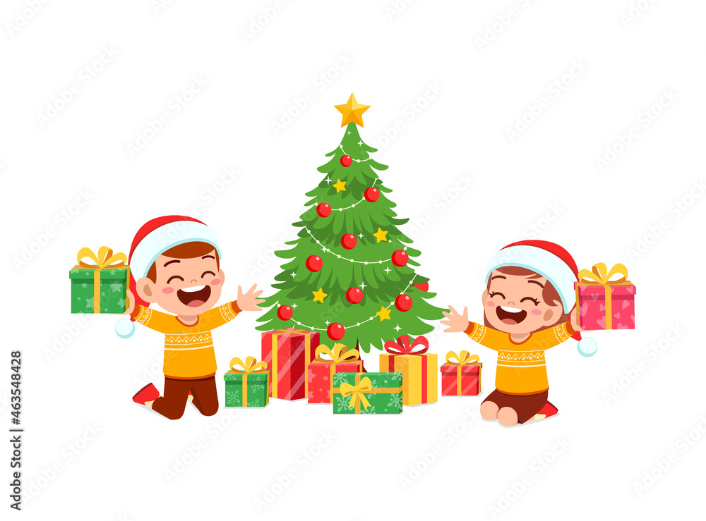 happy little boy and girl holding present for christmas