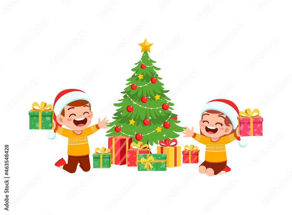 happy little boy and girl holding present for christmas happy little boy and girl holding present for christmas