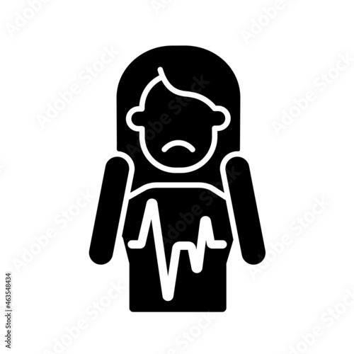 Heart palpitations black glyph icon. Fast beating and fluttering heart. Panic attack and fear symptom. Health problem. Mental disorders. Silhouette symbol on white space. Vector isolated illustration