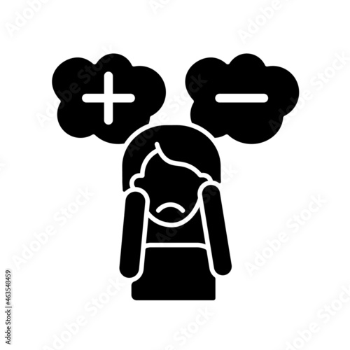 Consternation and perplexity black glyph icon. Indecision and numbness due to stress. Mental disorder symptom. Psychological problem. Silhouette symbol on white space. Vector isolated illustration