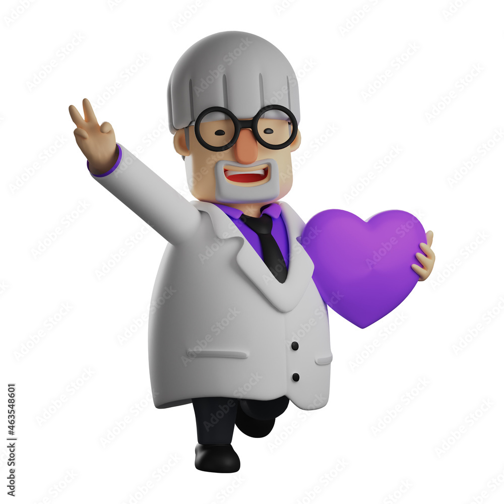 Fototapeta premium Romantic 3D Professor Cartoon Character with a purple heart
