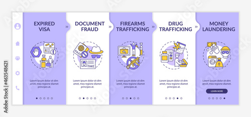 Deportation causes onboarding vector template. Responsive mobile website with icons. Web page walkthrough 5 step screens. Border control and entry check color concept with linear illustrations