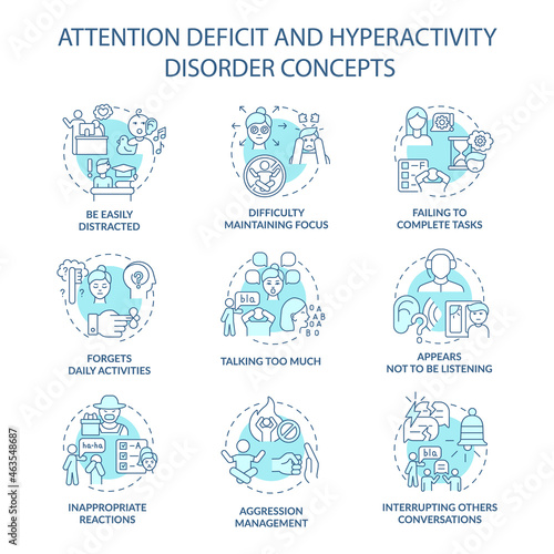 Attention deficit and hyperactivity disorder concept icons set. Be easily distracted idea thin line color illustrations. Failing to complete tasks. Vector isolated outline drawings. Editable stroke