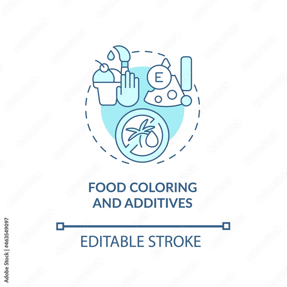 Food coloring and additives concept icon. ADHD diet abstract idea thin line illustration. Artificial food colorants consumption. Drink with dyes. Vector isolated outline color drawing. Editable stroke
