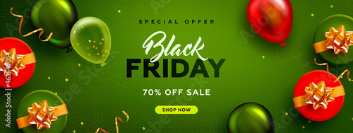 Black friday horizontal sale banner with realistic glossy balloons, gift box and discount text on green background. Vector illustration