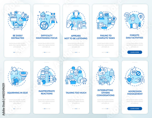 ADHD diagnosis onboarding mobile app page screen set. Compulsive behavior signs walkthrough 5 steps graphic instructions with concepts. UI, UX, GUI vector template with linear color illustrations
