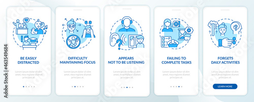 Inattentiveness signs onboarding mobile app page screen. Concentration difficulties walkthrough 5 steps graphic instructions with concepts. UI, UX, GUI vector template with linear color illustrations