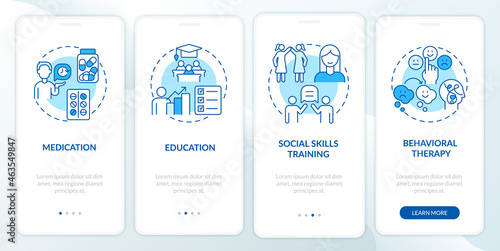 Treatment plan for ADHD onboarding mobile app page screen. Medication therapy walkthrough 4 steps graphic instructions with concepts. UI, UX, GUI vector template with linear color illustrations