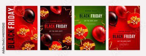 Set of black friday sale banner, poster or flyer with realistic glossy balloons, gift box and discount text on red background. Vector illustration