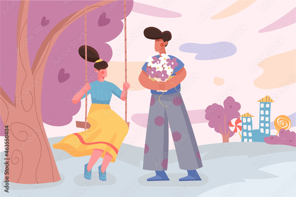 Valentines day banner. Couple together, woman sits on swing, man holds flowers at city park background. Seasonal holiday poster. Vector illustration for backdrop or placard in flat cartoon design Valentines day banner. Couple together, woman sits on swing, man holds flowers at city park background. Seasonal holiday poster. Vector illustration for backdrop or placard in flat cartoon design
