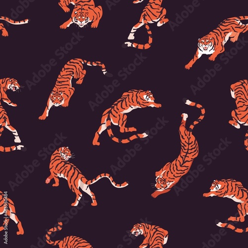 Seamless pattern with tigers on black background. Endless repeating print for decor. Texture design with exotic wild feline striped animal in motion. Printable flat vector illustration for textile