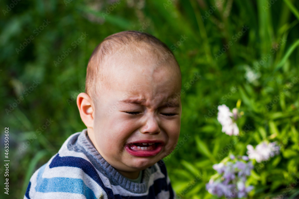 Cute little baby boy outdoors. Crying unhappy baby at green garden. Cute little baby boy outdoors. Crying unhappy baby at green garden.