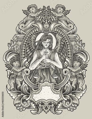 illustration angel justice with engraving ornament style