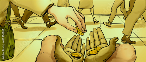 Quadro su tela Illustration about poor emigrant begging on the street