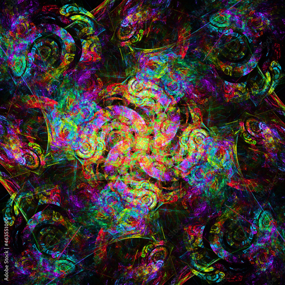 Composición de imagen fractal abstracta formada por espirales en colores fosforescentes.