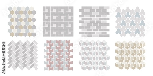 Tile pavements top view. Set of vector street, path , brick, architectural elements. Collection of pavement textures. Paving stone pattern for plan, garden, game, map, landscape design. Rock stones