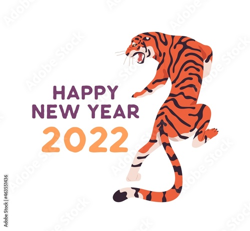 Happy New Year postcard design for 2022. Chinese tiger, oriental Asian symbol...
