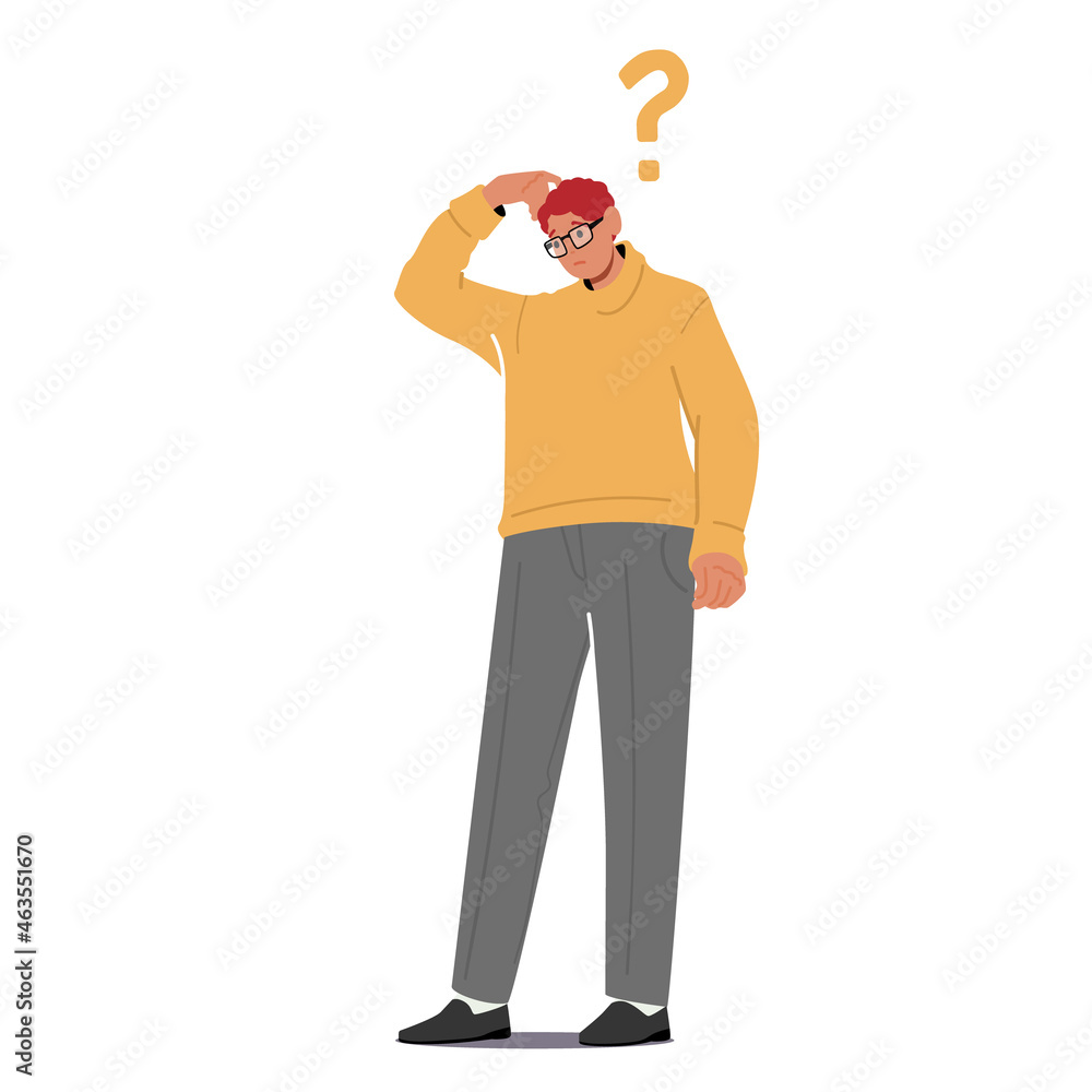 Young Man Scratching Head with Question Mark above Head Isolated on White Background. Male Character Thinking, Asking Young Man Scratching Head with Question Mark above Head Isolated on White Background. Male Character Thinking, Asking