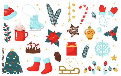 Christmas and New Year set of elements. Winter clothes, hat, mittens, socks, figure skates, cookies, poinsettia, lollipop, garland. Festive vector illustration for scrapbooking, postcards, banners.