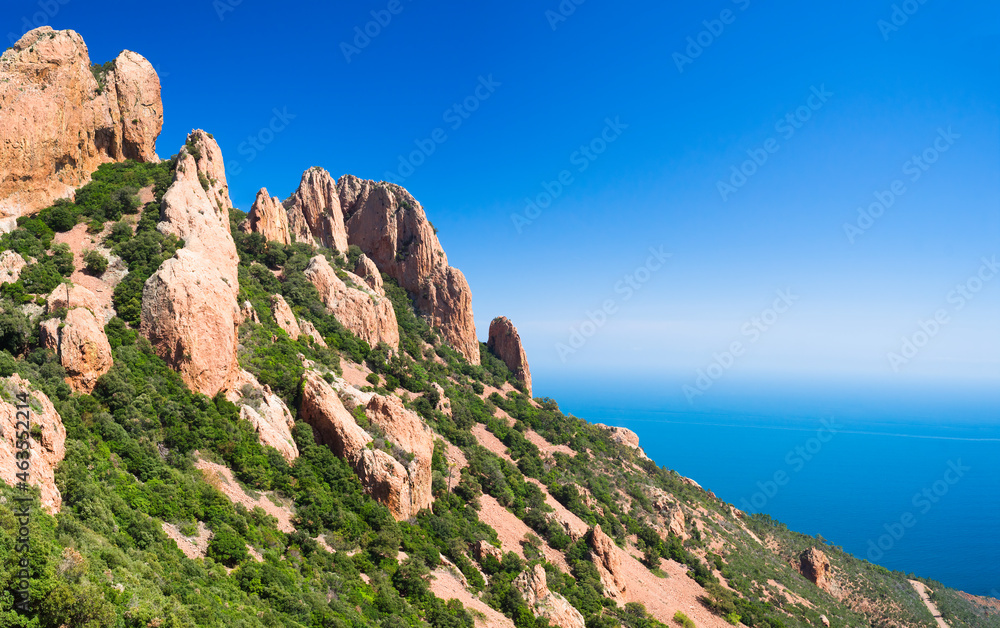 Panorama on `l'Esterel` hidden gem near Cannes and Antibes. Blue sky and mediterranean sea.