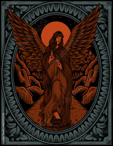 illustration vintage angel with engraving ornament style