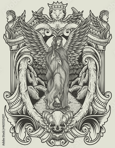 illustration vintage angel with engraving ornament style