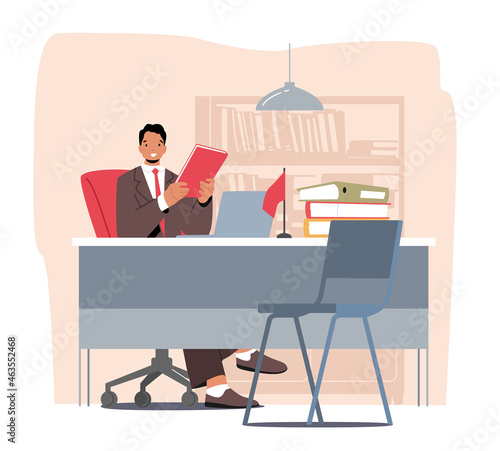 Male Bank Worker Sitting at Table Workplace Holding Folder in Hands. Banking Assistant, Service Providing to Customers