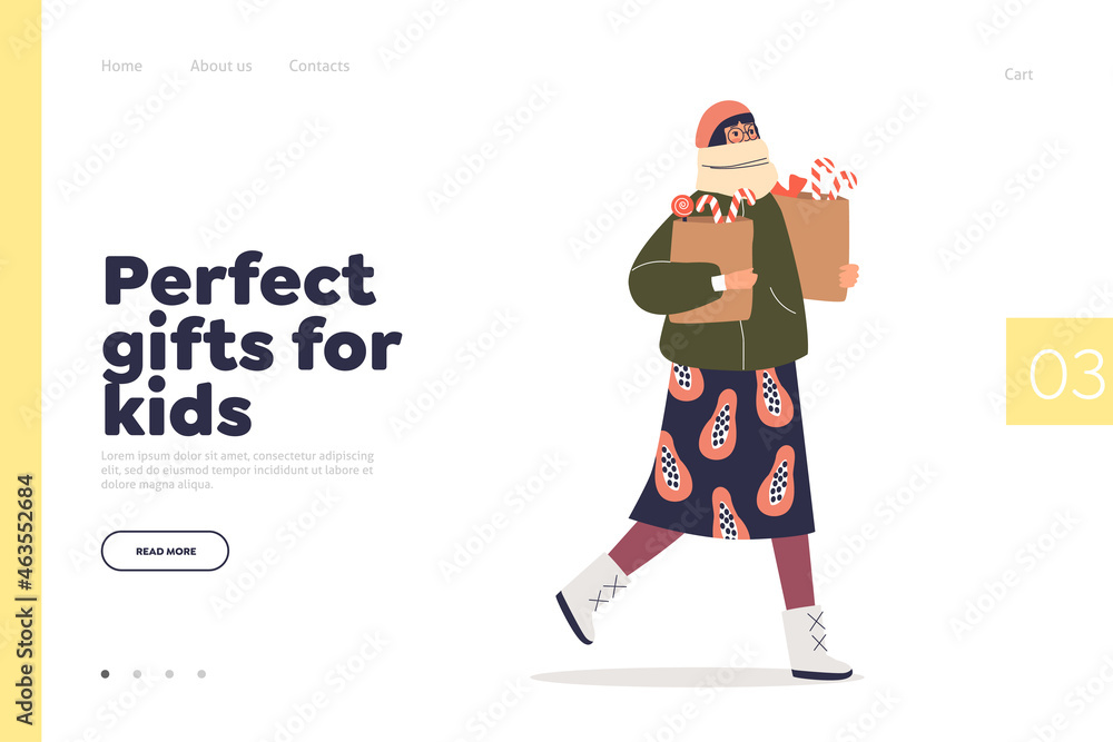 Perfect gifts for kids concept of landing page with little girl holding bag of christmas candy canes