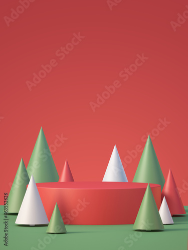 Christmas and newyear product podium mockup display background with chirstmas tree,3D render background