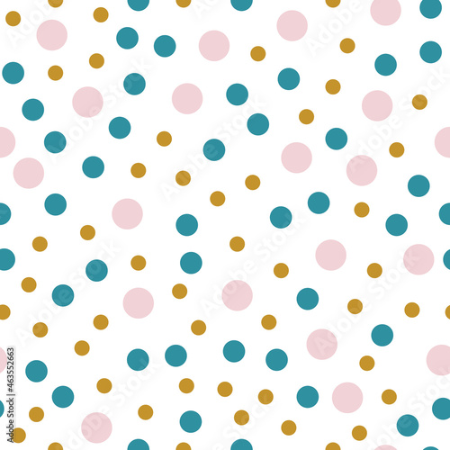 Fototapeta Naklejka Na Ścianę i Meble -  Abstract dots vector seamless pattern - mustard yellow, cotton candy pink, lagoon blue
