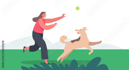 Girl Playing with Dog Outdoors. Little Child Character Play with Pet Throwing Ball. Kid Spend Time with Fluffy Friend