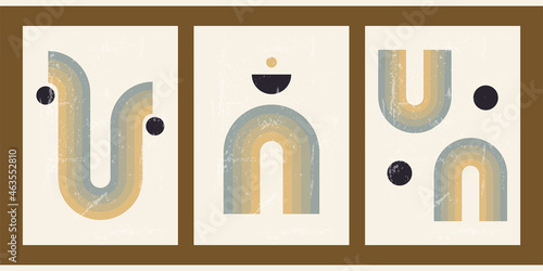 Set of three abstract aesthetic backgrounds with sun, Boho rainbow, waves, dots, thin lines. Trendy colorful vector illustration for social media, web design, in vintage style. Minimalist poster.