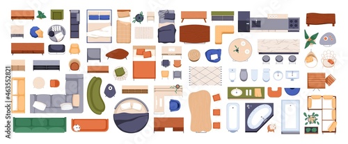 Top view of furniture icons for interior design plan, apartment project and layout. Sofa, bed, armchair and table set for home rooms and offices. Flat vector illustration isolated on white background