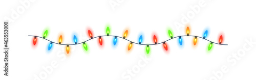 Christmas lights isolated. Colorful Xmas garland. Vector glowing light bulbs on wire strings. 