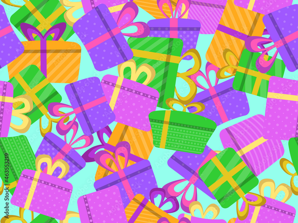 Seamless pattern with colorful gift boxes in flat style. Festive design for greeting card, wrapping paper, banners and promotional materials. Vector illustration Seamless pattern with colorful gift boxes in flat style. Festive design for greeting card, wrapping paper, banners and promotional materials. Vector illustration