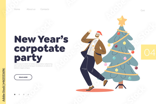 New year corporate party concept of landing page with happy man dance and drink champagne