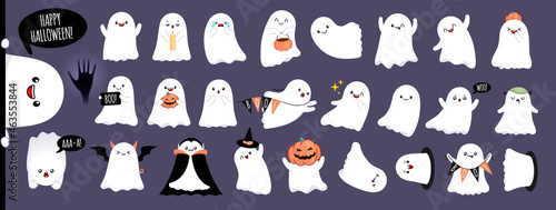 Mega Set of cute happy ghosts with different emotions and face expressions. White scary spirits in cartoon style. Cute baby ghosts for Halloween party