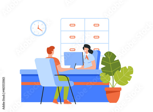 Bank Office or Insurance Company Interior with Female Receptionist Employee Sitting Behind of Table Serving Customer