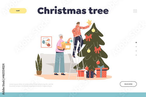 Christmas tree concept of landing page with happy grandmother decorating pine together with grandson