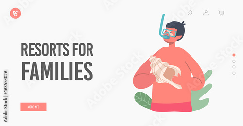 Resort for Families Landing Page Template. Child Summer Recreation, Child Wear Swimming Suit, Boy in Snorkeling Mask