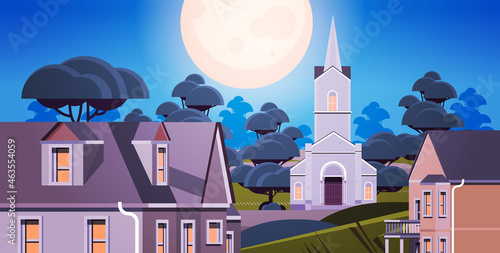 contemporary facade of church and houses buildings architecture night landscape background