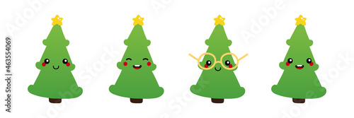 Set, collection of cute, smiling green christmas trees with golden stars characters for Christmas celebration design.