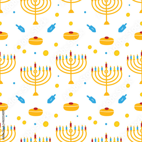 Cute colorful Hanukkah vector seamless pattern background with dreidels, coins, sufganiyot and menorah with nine lighting candles.

