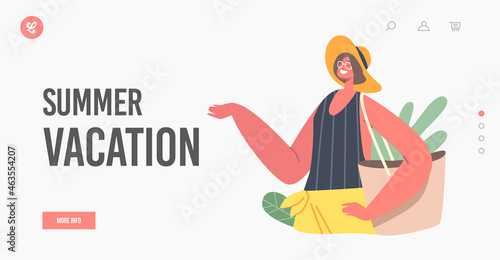 Summer Vacation Landing Page Template. Woman Wear Summertime Clothes, Hat and Tote Bag. Young Female Character on Beach