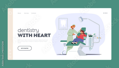 Dentistry Landing Page Template. Child at Dentist Office. Girl at Dental Clinic for Kids Sit at Chair for Teeth Checkup