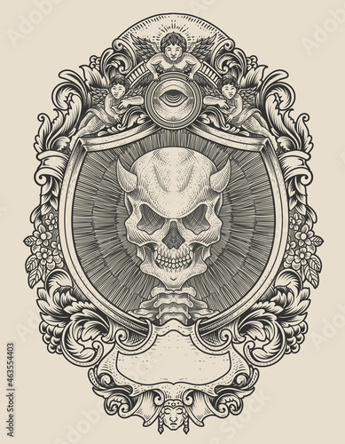 illustration demon skull with engraving ornament style